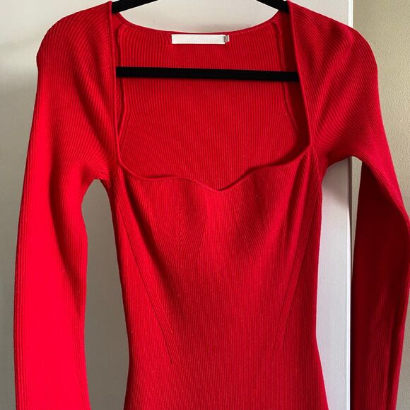 REVOLVE x One Grey Day Lakeyn Dress Red Medium Midi Sweatheart Ribbed Sweater - Picture 8 of 11